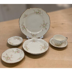Homer Laughlin “Jean” Place Setting 6 Pc USA Plates Bowls Cup Saucer B48N8 Gold